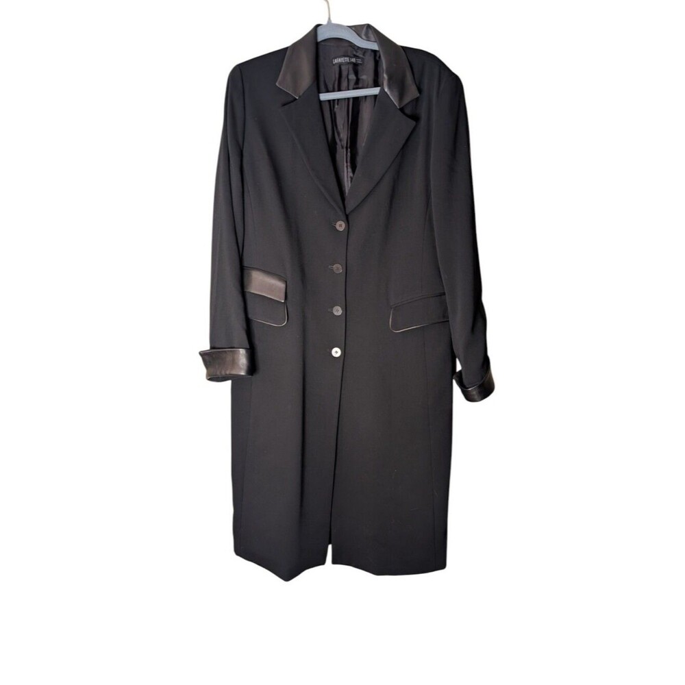Lafayette 148 NY Black Longline 100% Wool Blazer Coat leather trim size 12 Flaw